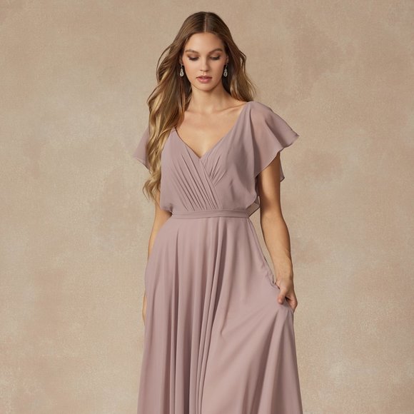 NEW FLOOR LENGTH A-LINE POLYESTER DRESS WITH V-NECK & CASCADE ZIPPER BACK JT 261 - Picture 1 of 9